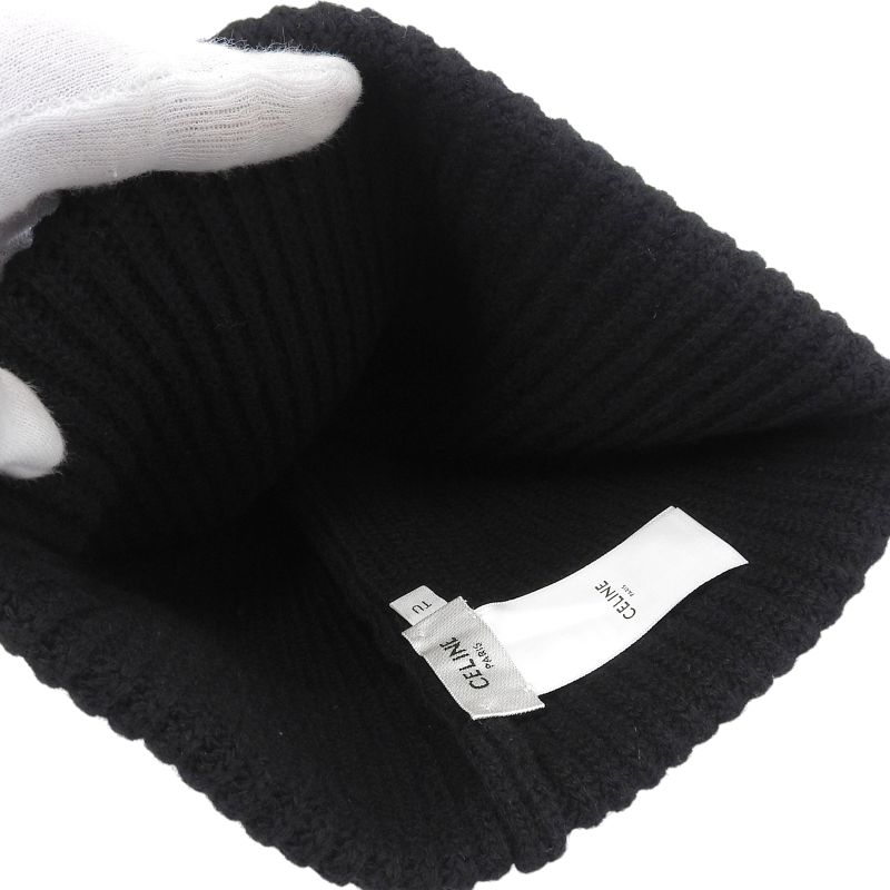 Celine 2a25r535q 100% Wool Felt Logo Hat Knit Cap Black TU Made In Italy