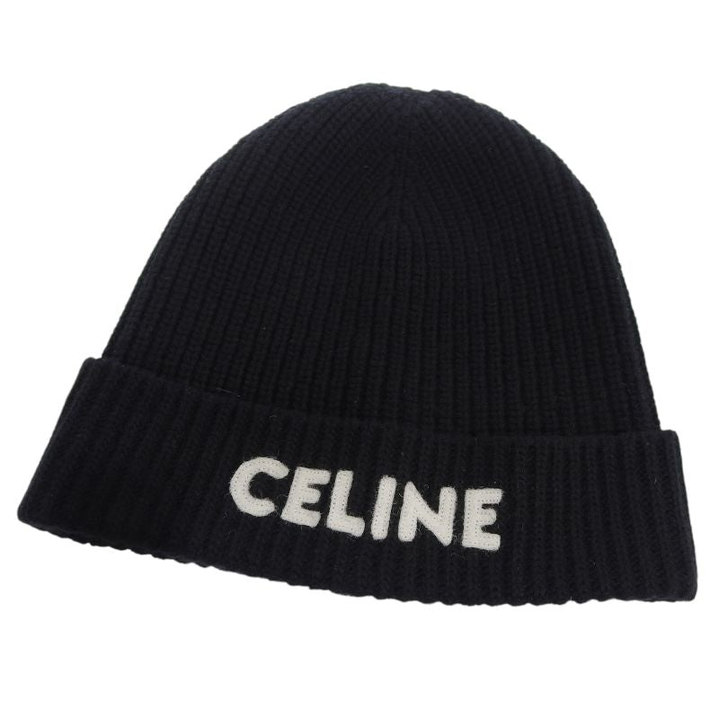 Celine 2a25r535q 100% Wool Felt Logo Hat Knit Cap Black TU Made In Italy