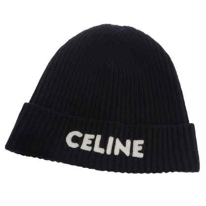 Celine 2a25r535q 100% Wool Felt Logo Hat Knit Cap Black TU Made In Italy