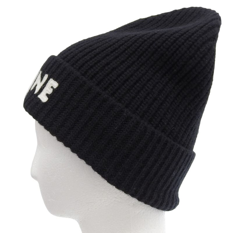 Celine 2a25r535q 100% Wool Felt Logo Hat Knit Cap Black TU Made In Italy