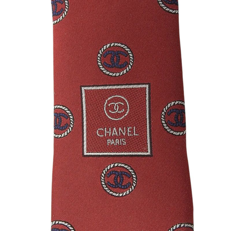 CHANEL 100% Silk Coco Logo Design All Over Tie Red With Box Men's