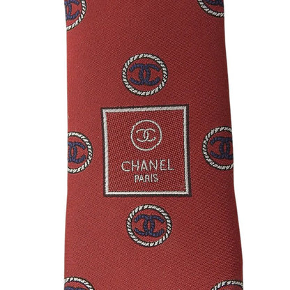 CHANEL 100% Silk Coco Logo Design All Over Tie Red With Box Men's