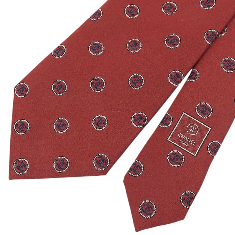 CHANEL 100% Silk Coco Logo Design All Over Tie Red With Box Men's