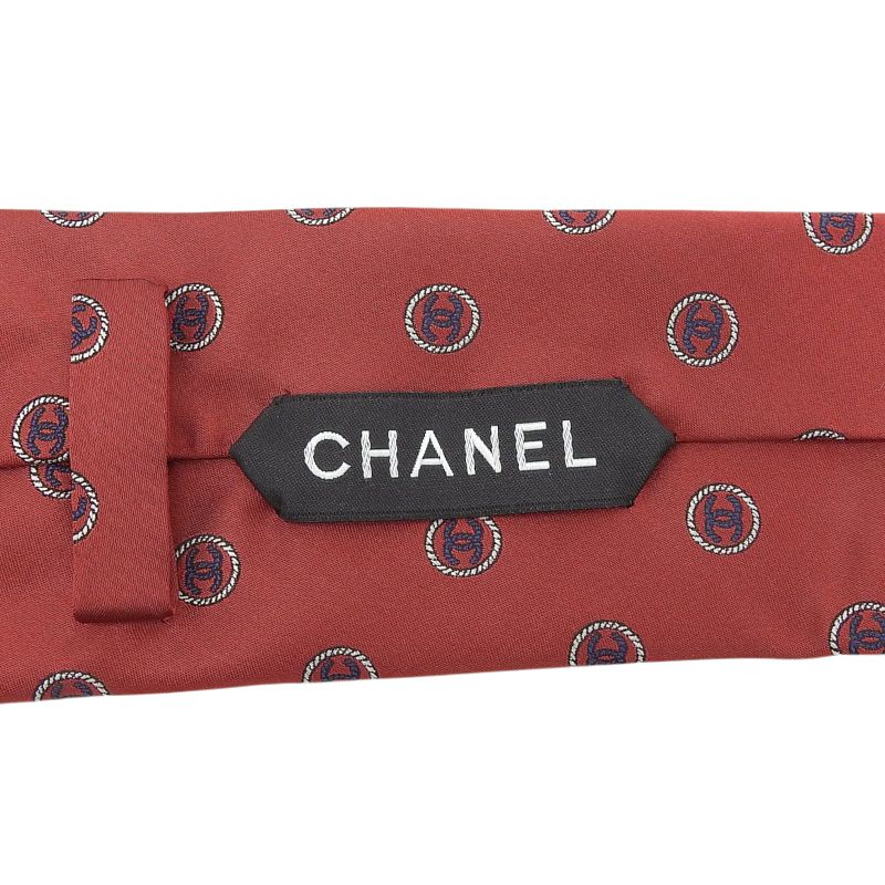 CHANEL 100% Silk Coco Logo Design All Over Tie Red With Box Men's