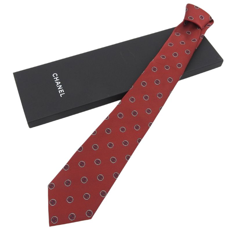 CHANEL 100% Silk Coco Logo Design All Over Tie Red With Box Men's