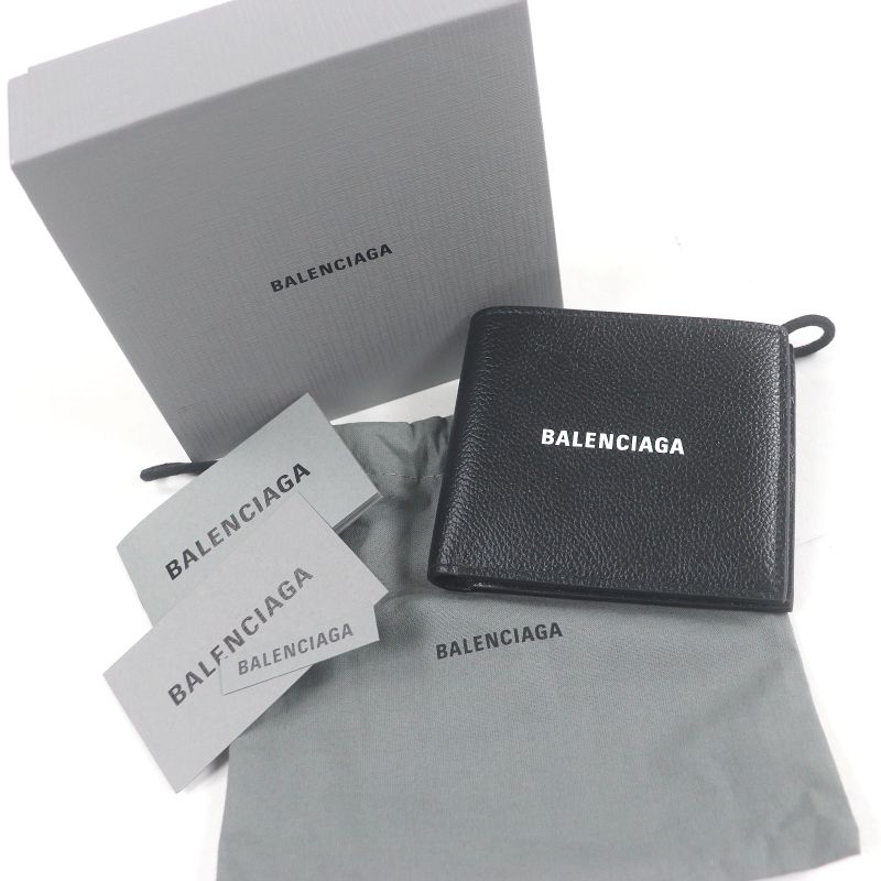 Balenciaga 594549 Logo Leather Bifold Compact Wallet Black With Box And Storage