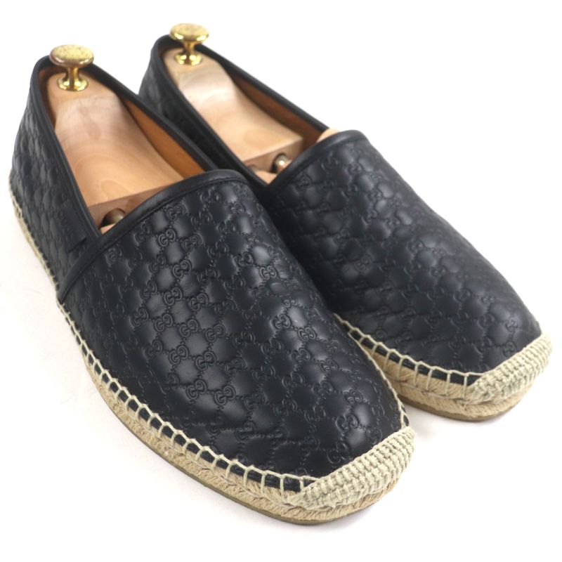 Gucci 567112 Espadrilles Micro GG Shimmer Leather Shoes Slip-on Black 8.5 With