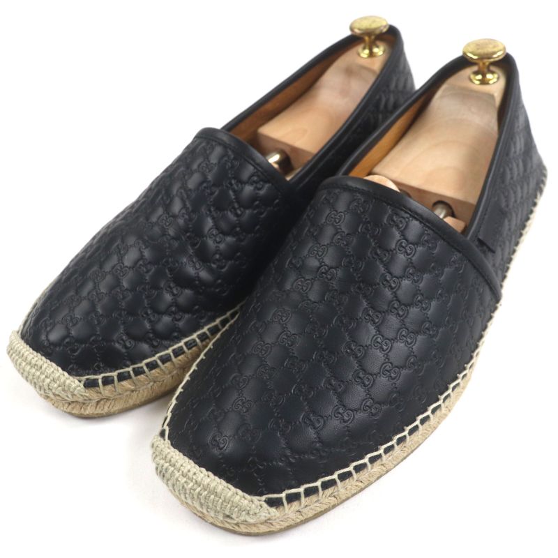 Gucci 567112 Espadrilles Micro GG Shimmer Leather Shoes Slip-on Black 8.5 With
