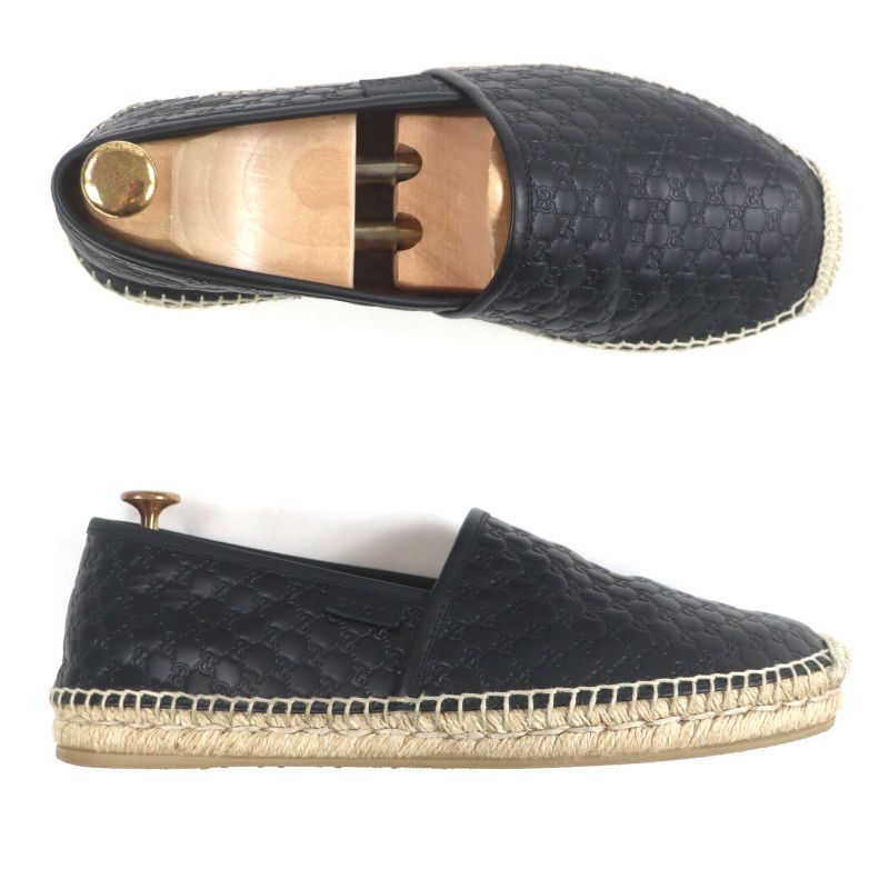 Gucci 567112 Espadrilles Micro GG Shimmer Leather Shoes Slip-on Black 8.5 With