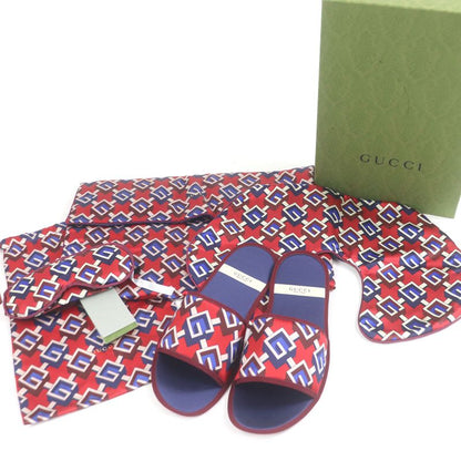 Gucci 662431 100% Silk Geometric G Eye Mask Neck Pillow Slippers Travel Set Red