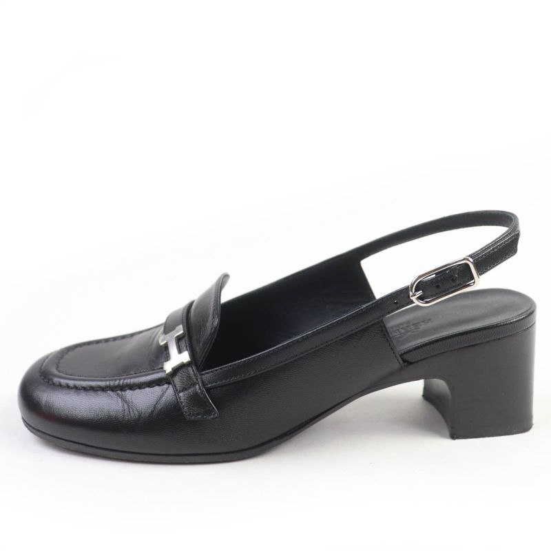 Hermes Infini Silver Hardware Strap Suring Back Leather Pumps Black 36 With Box