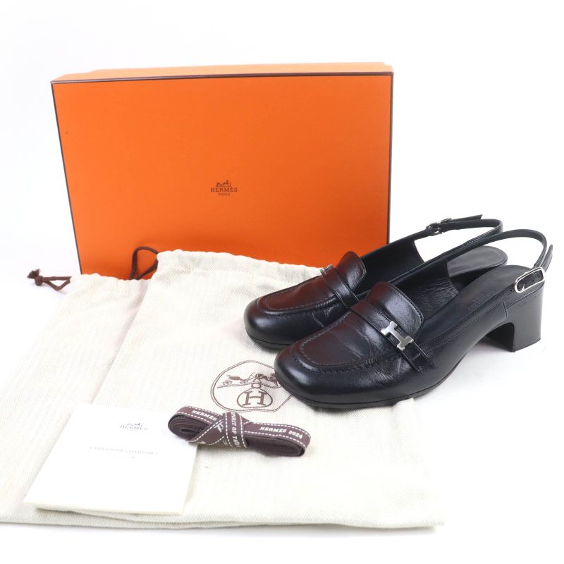Hermes Infini Silver Hardware Strap Suring Back Leather Pumps Black 36 With Box