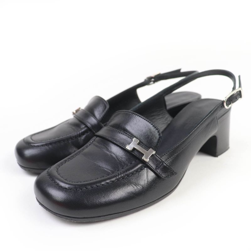 Hermes Infini Silver Hardware Strap Suring Back Leather Pumps Black 36 With Box