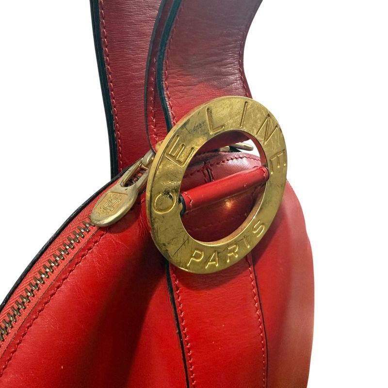 Good Celine Vintage Leather Circle Logo Handbag Red Ladies Secondhand Used