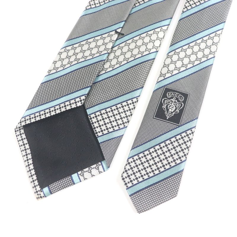 Gucci Silk Cupro Interlocking G Regimental Stripe Tie Black With Box Made In