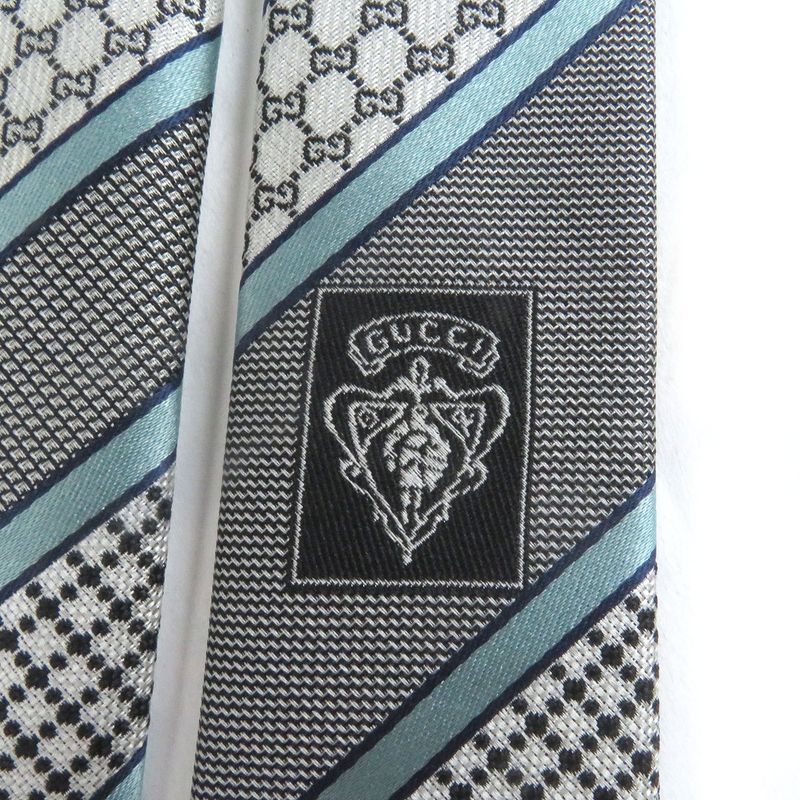 Gucci Silk Cupro Interlocking G Regimental Stripe Tie Black With Box Made In