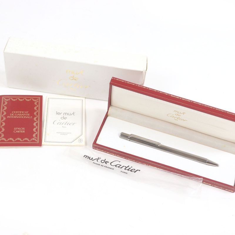 Cartier Must De Cartier Deadstock Stripe Pattern Twist Ballpoint Pen Silver