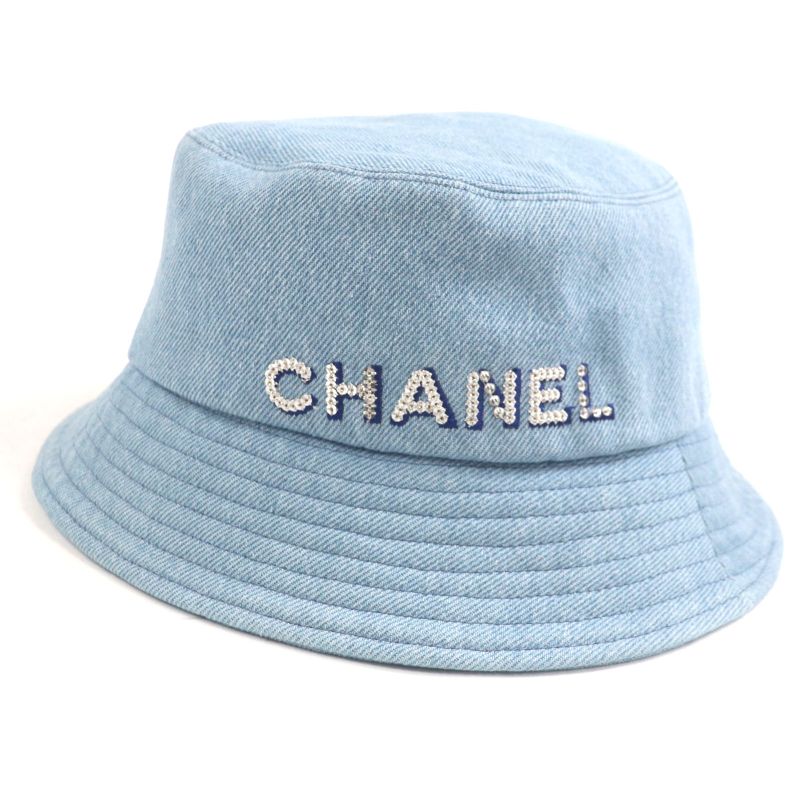 CHANEL 22P 100% Cotton Sequined Logo Denim Hat Bucket Hat Ice Blue M Genuine