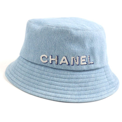 CHANEL 22P 100% Cotton Sequined Logo Denim Hat Bucket Hat Ice Blue M Genuine