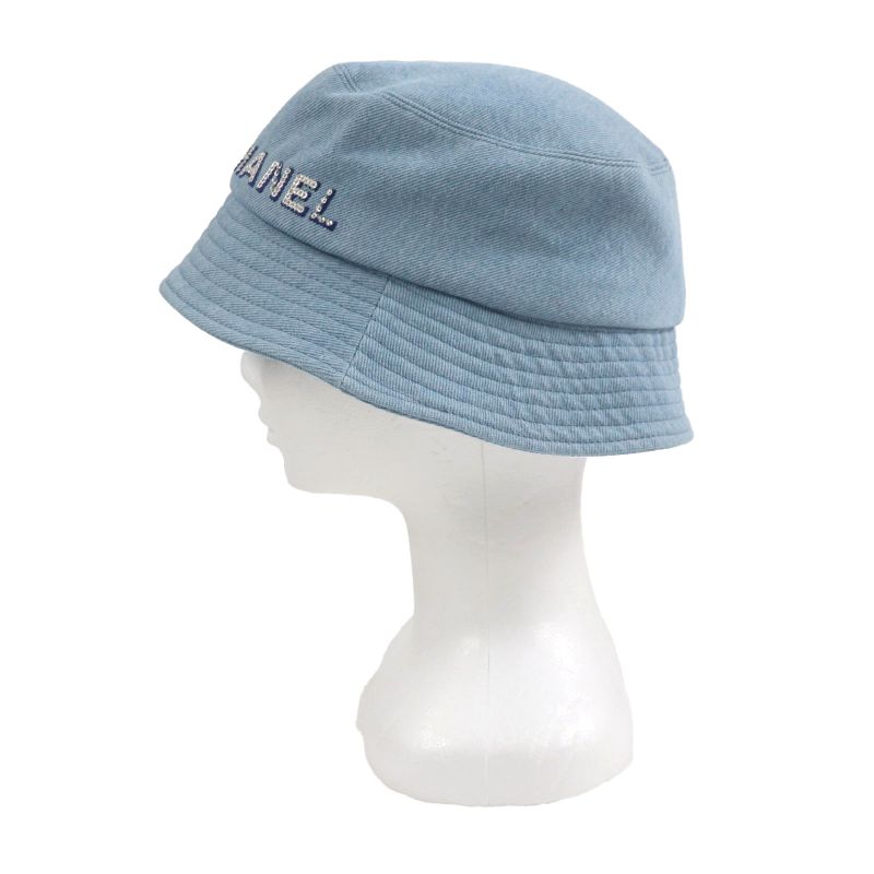 CHANEL 22P 100% Cotton Sequined Logo Denim Hat Bucket Hat Ice Blue M Genuine