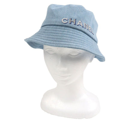 CHANEL 22P 100% Cotton Sequined Logo Denim Hat Bucket Hat Ice Blue M Genuine