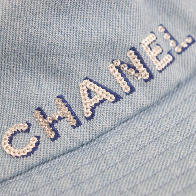 CHANEL 22P 100% Cotton Sequined Logo Denim Hat Bucket Hat Ice Blue M Genuine