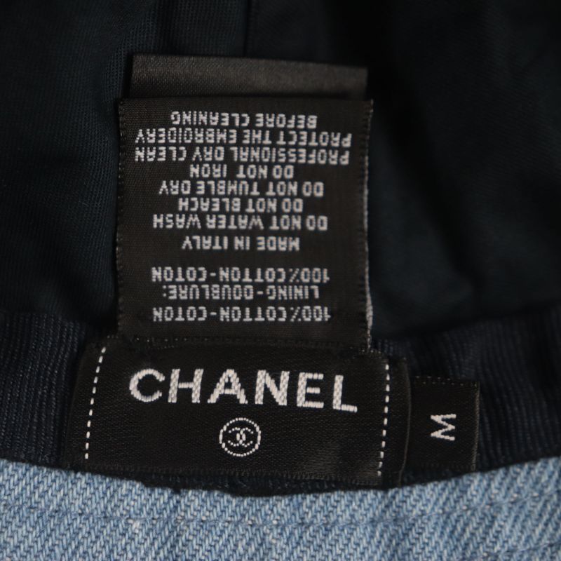 CHANEL 22P 100% Cotton Sequined Logo Denim Hat Bucket Hat Ice Blue M Genuine
