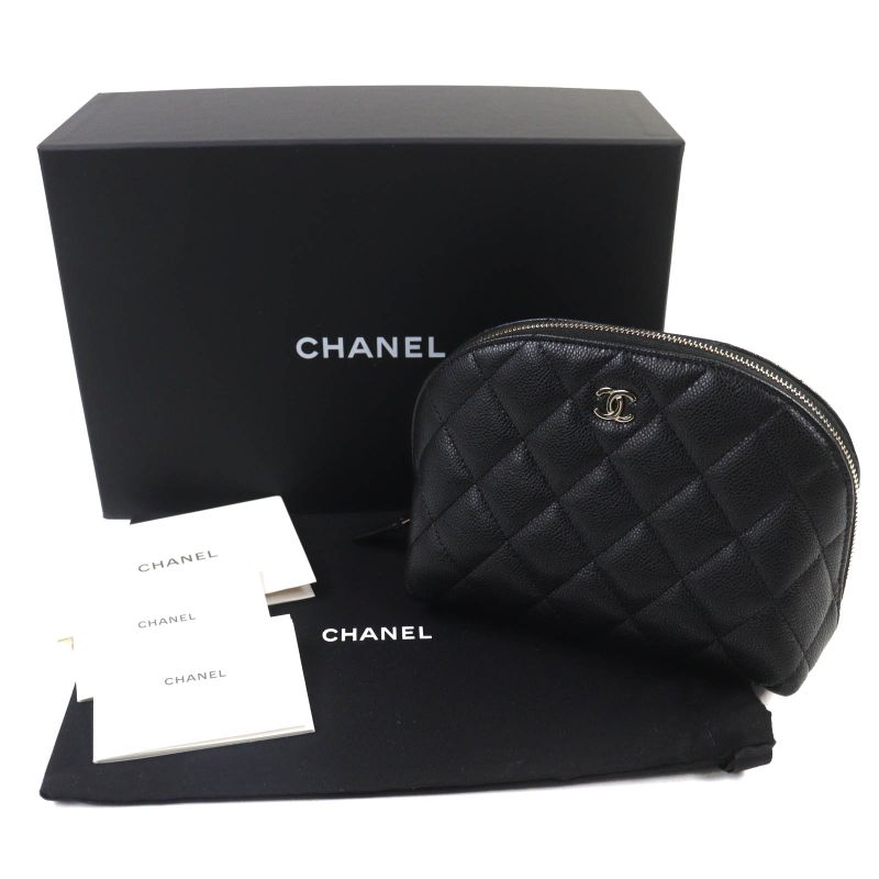 CHANEL Coco Mark Caviar Skin Matelasse Pouch Random Serial Cosmetic Pouch Black