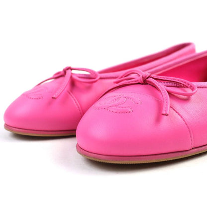 CHANEL G02819 Ballerina Coco Mark Ribbon Leather Flat Shoes Pumps Pink 35.5