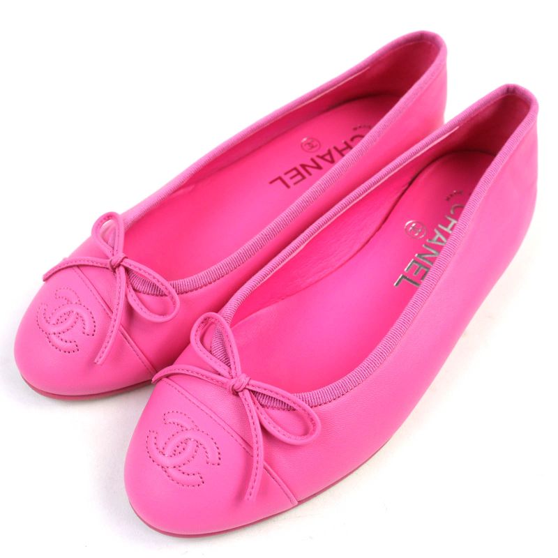 CHANEL G02819 Ballerina Coco Mark Ribbon Leather Flat Shoes Pumps Pink 35.5