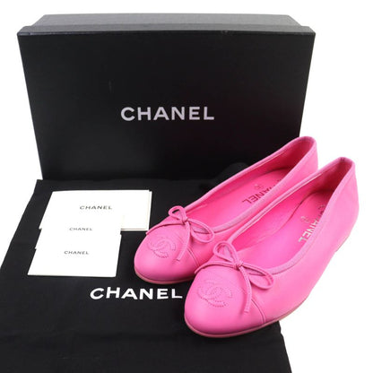 CHANEL G02819 Ballerina Coco Mark Ribbon Leather Flat Shoes Pumps Pink 35.5