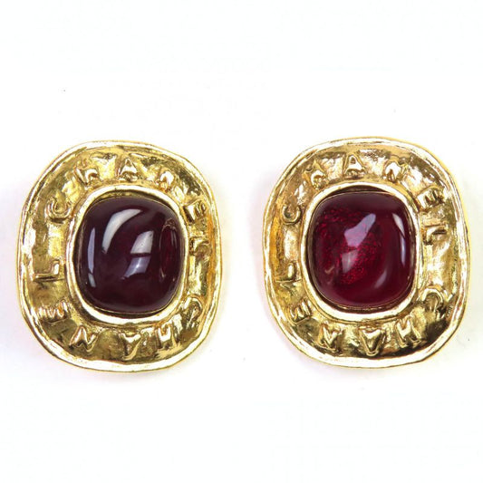 CHANEL Vintage 26 Gripore Colored Stone Logo Earrings For Both Ears Gold Red