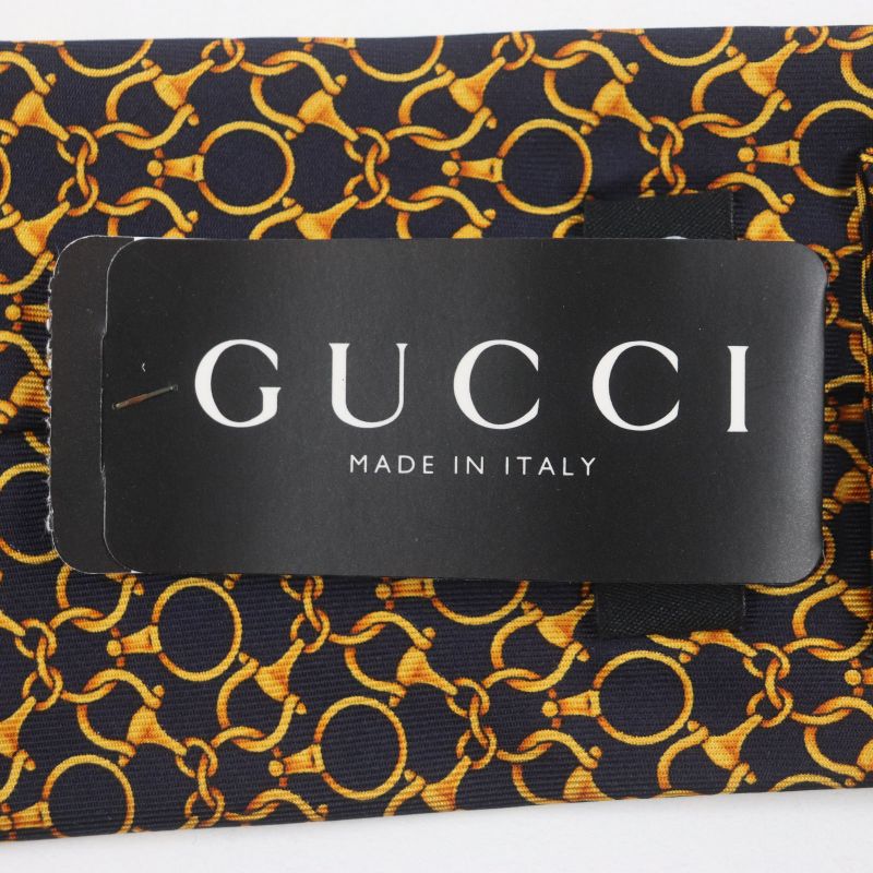 Gucci 100% Silk Cravat Bit Pattern Allover Tie Navy Gold Made In Italymade In