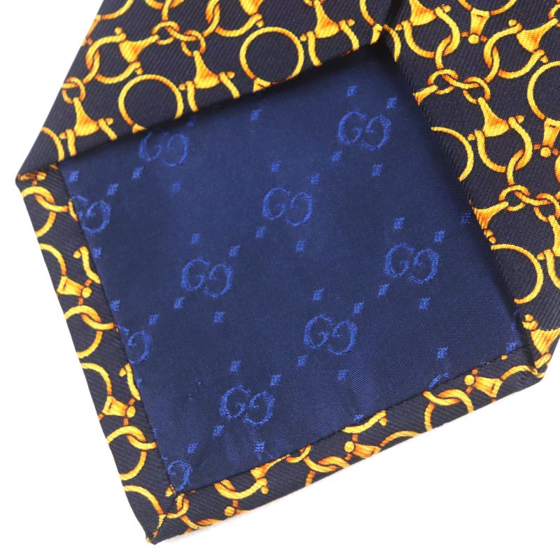 Gucci 100% Silk Cravat Bit Pattern Allover Tie Navy Gold Made In Italymade In