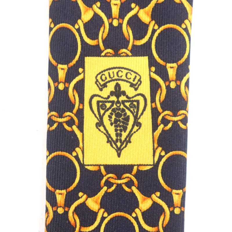 Gucci 100% Silk Cravat Bit Pattern Allover Tie Navy Gold Made In Italymade In