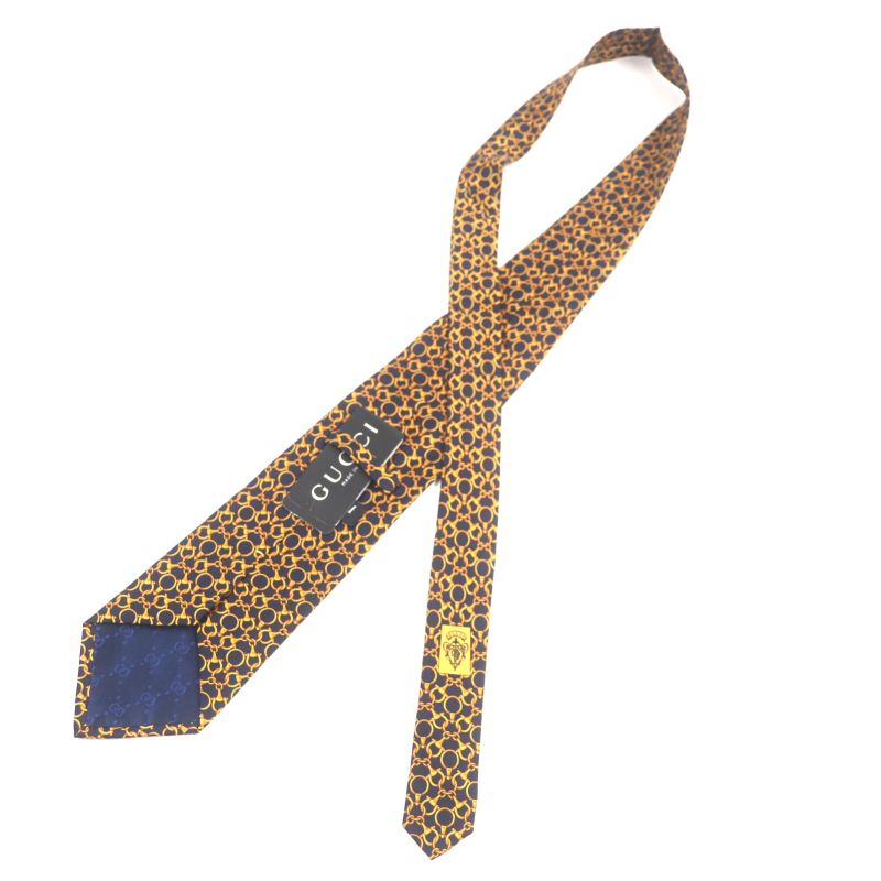 Gucci 100% Silk Cravat Bit Pattern Allover Tie Navy Gold Made In Italymade In