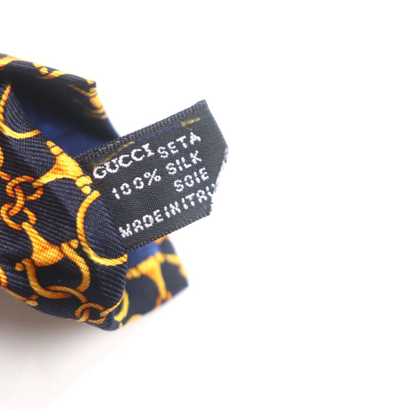 Gucci 100% Silk Cravat Bit Pattern Allover Tie Navy Gold Made In Italymade In