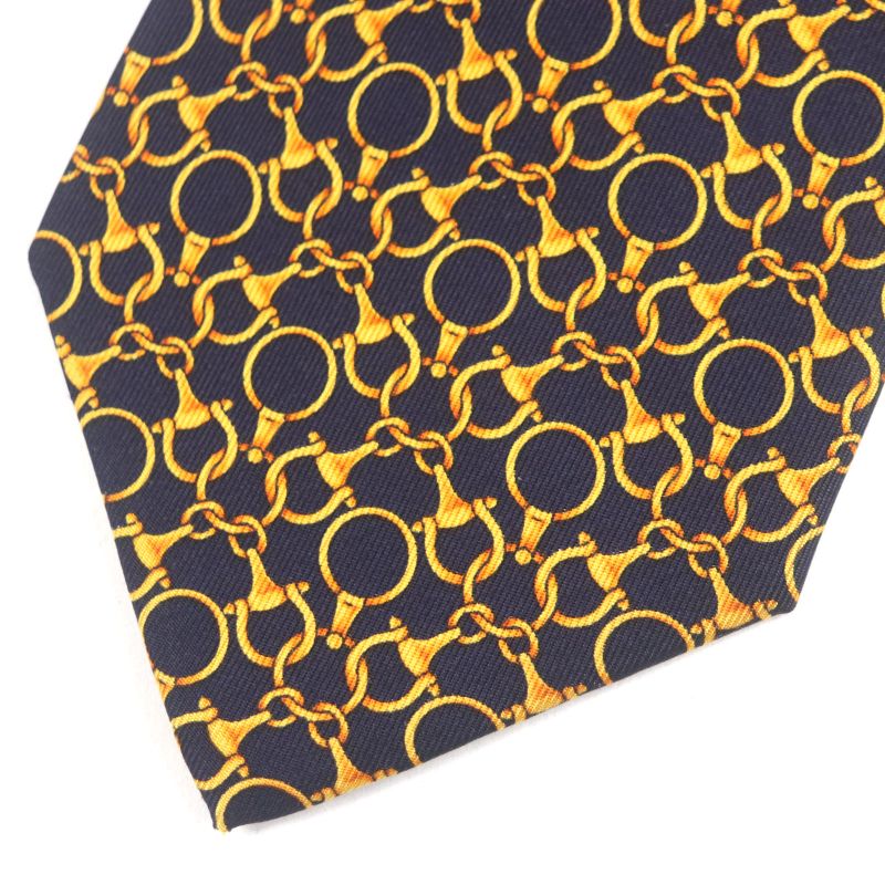 Gucci 100% Silk Cravat Bit Pattern Allover Tie Navy Gold Made In Italymade In