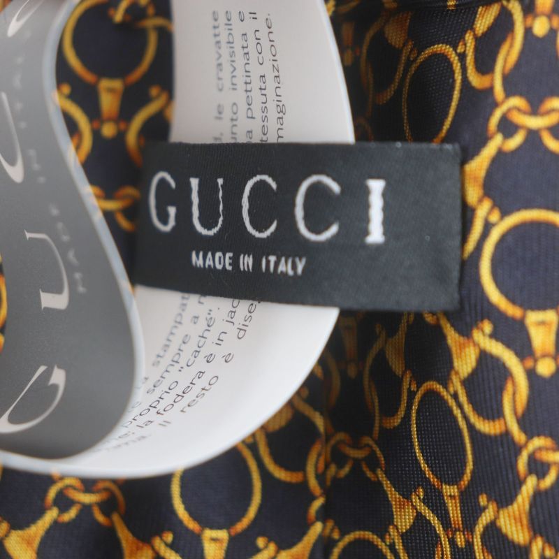 Gucci 100% Silk Cravat Bit Pattern Allover Tie Navy Gold Made In Italymade In