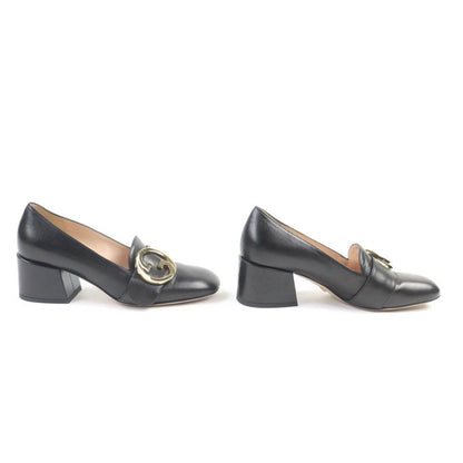 Gucci 700053 Leather Interlocking G Mid Heel Pumps Black Gold Hardware 36.5