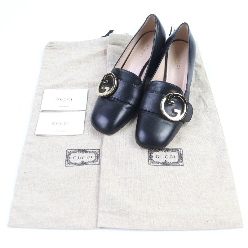 Gucci 700053 Leather Interlocking G Mid Heel Pumps Black Gold Hardware 36.5
