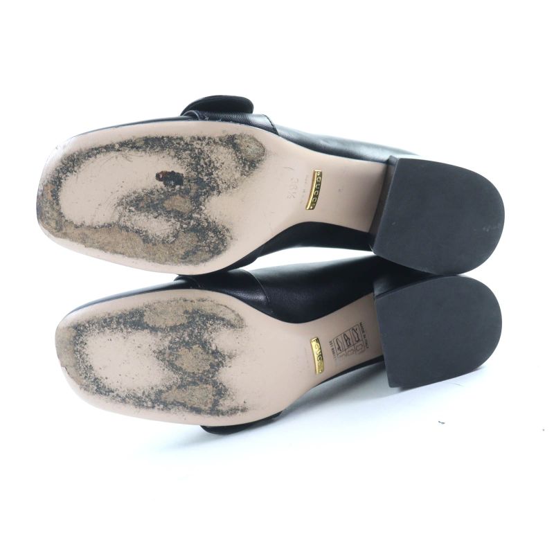 Gucci 700053 Leather Interlocking G Mid Heel Pumps Black Gold Hardware 36.5