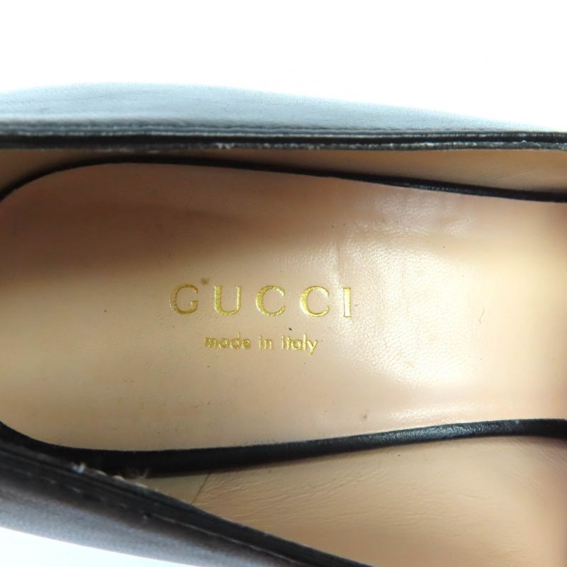 Gucci 700053 Leather Interlocking G Mid Heel Pumps Black Gold Hardware 36.5