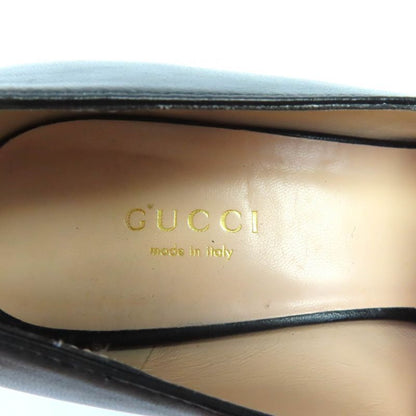 Gucci 700053 Leather Interlocking G Mid Heel Pumps Black Gold Hardware 36.5