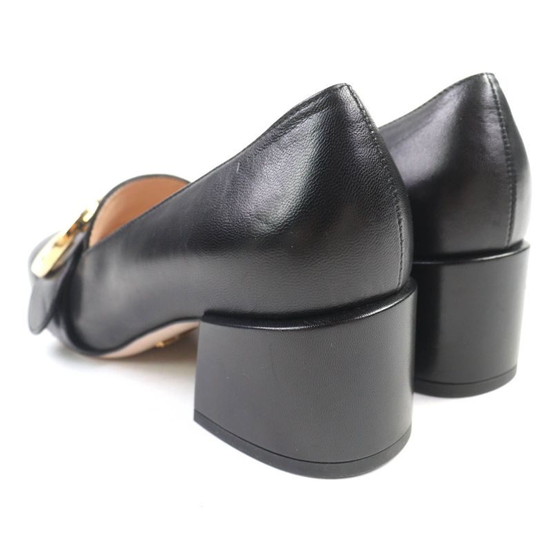 Gucci 700053 Leather Interlocking G Mid Heel Pumps Black Gold Hardware 36.5