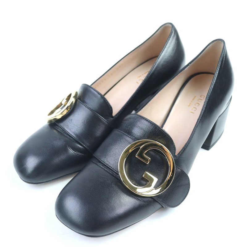 Gucci 700053 Leather Interlocking G Mid Heel Pumps Black Gold Hardware 36.5