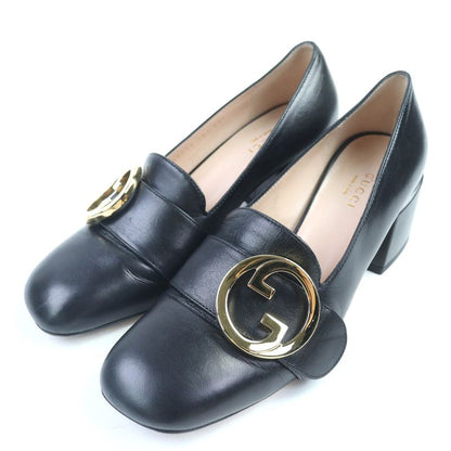 Gucci 700053 Leather Interlocking G Mid Heel Pumps Black Gold Hardware 36.5