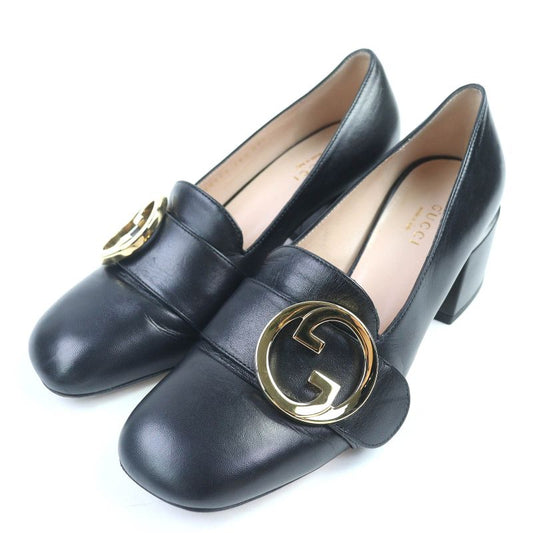 Gucci 700053 Leather Interlocking G Mid Heel Pumps Black Gold Hardware 36.5