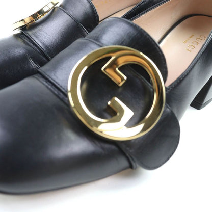 Gucci 700053 Leather Interlocking G Mid Heel Pumps Black Gold Hardware 36.5