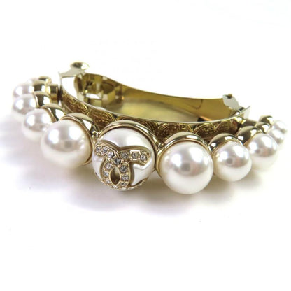 CHANEL I22S Faux Pearl Hair Accessory Barrette With Coco Mark Stone Gold